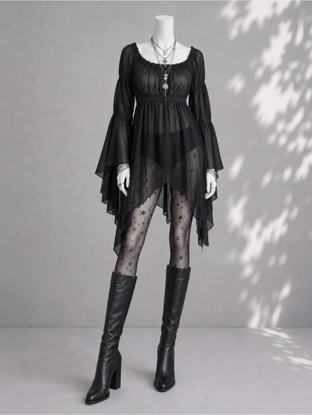 Vintage Y2K Anne Charles Babydoll Dress M/L Black Flared Sleeve Whimsigoth Mini